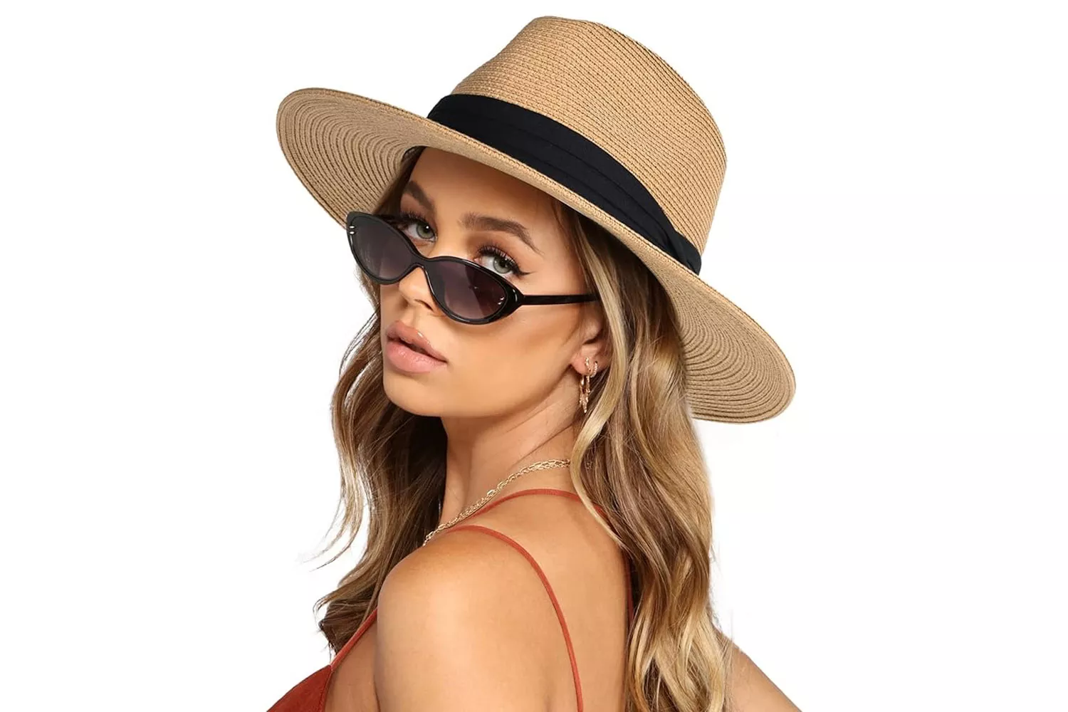 A wide brim straw Panama hat with a black ribbon.