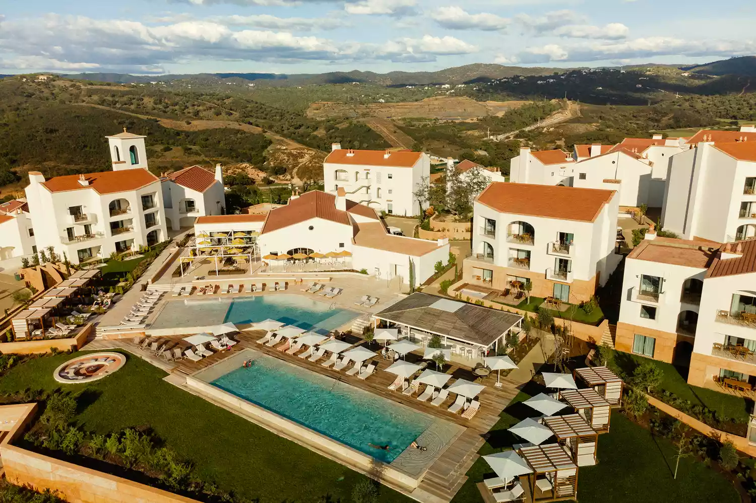 Modern white exterior architecture of the Viceroy at Ombria Algarve resort.