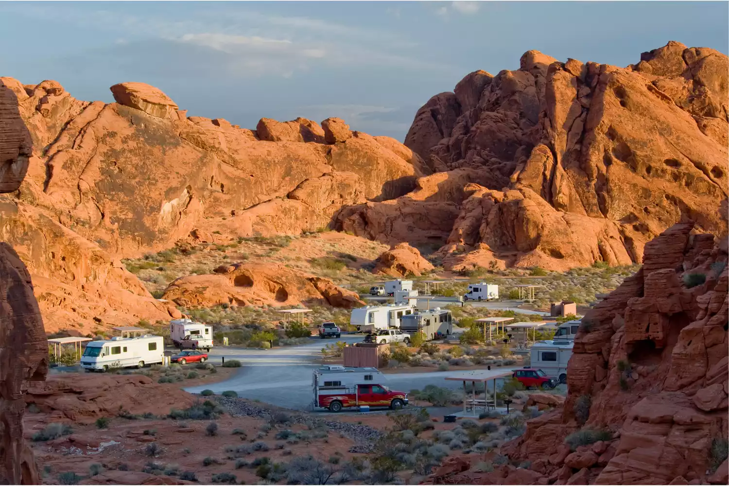 An aerial perspective showing the layout of campsites at Valley of Fire State Park.