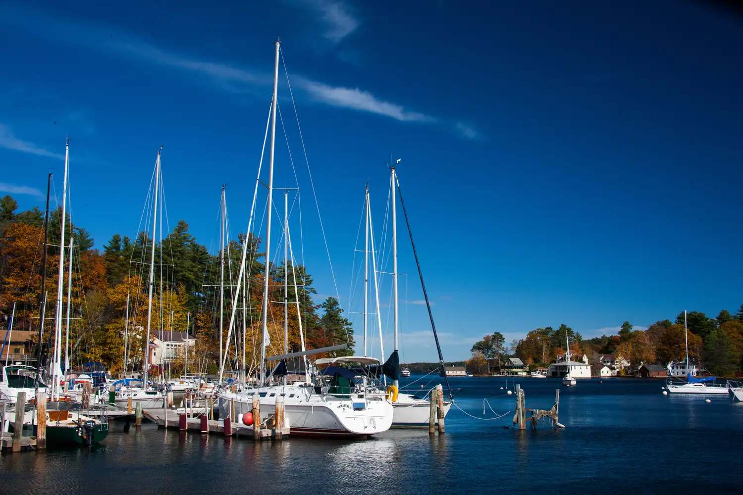 Scores of sailboats and motorboats docked at a marina in Gilford, New Hampshire, under a clear sky.