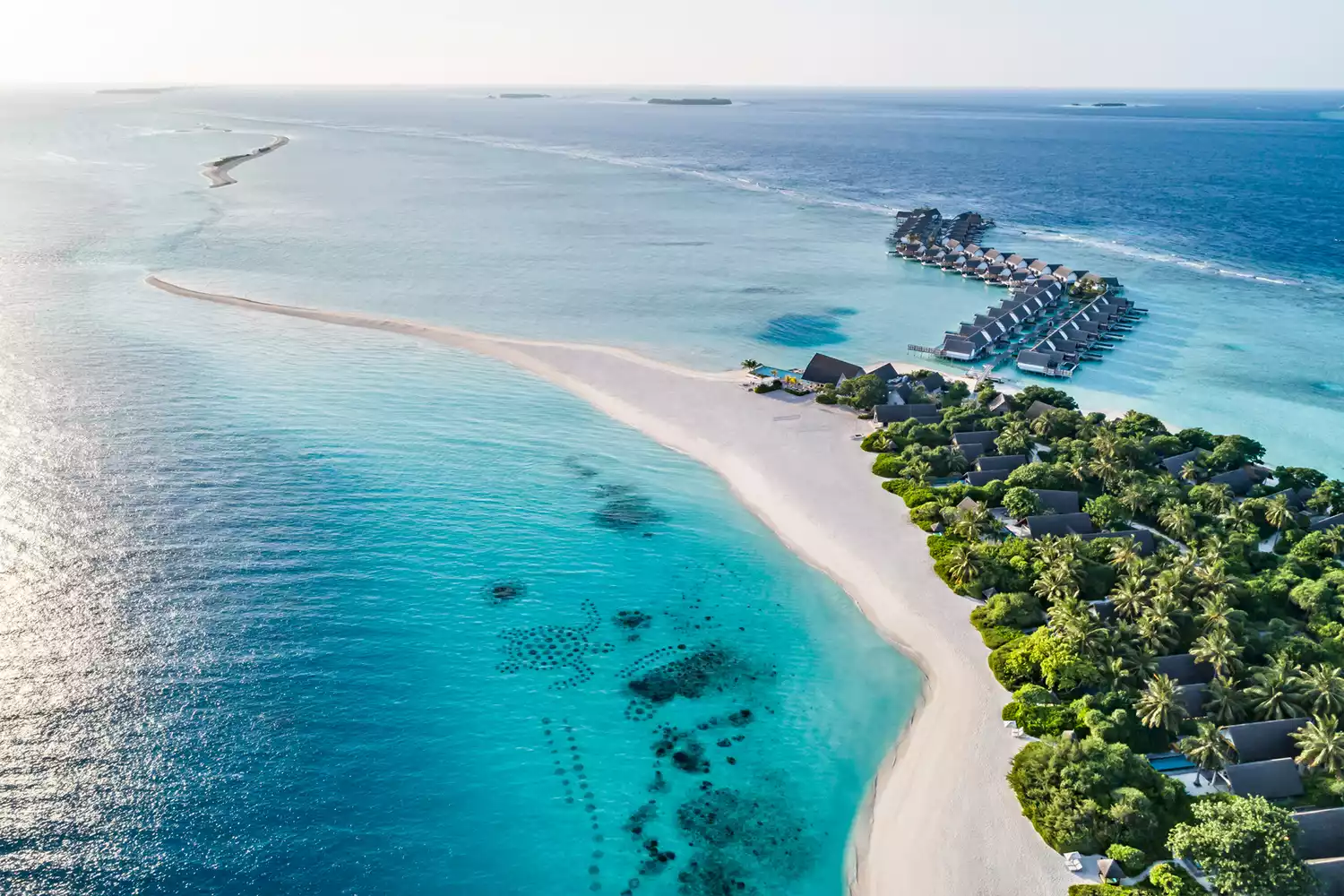 Aerial view of coral garden frames situated near overwater bungalows in a turquoise lagoon.