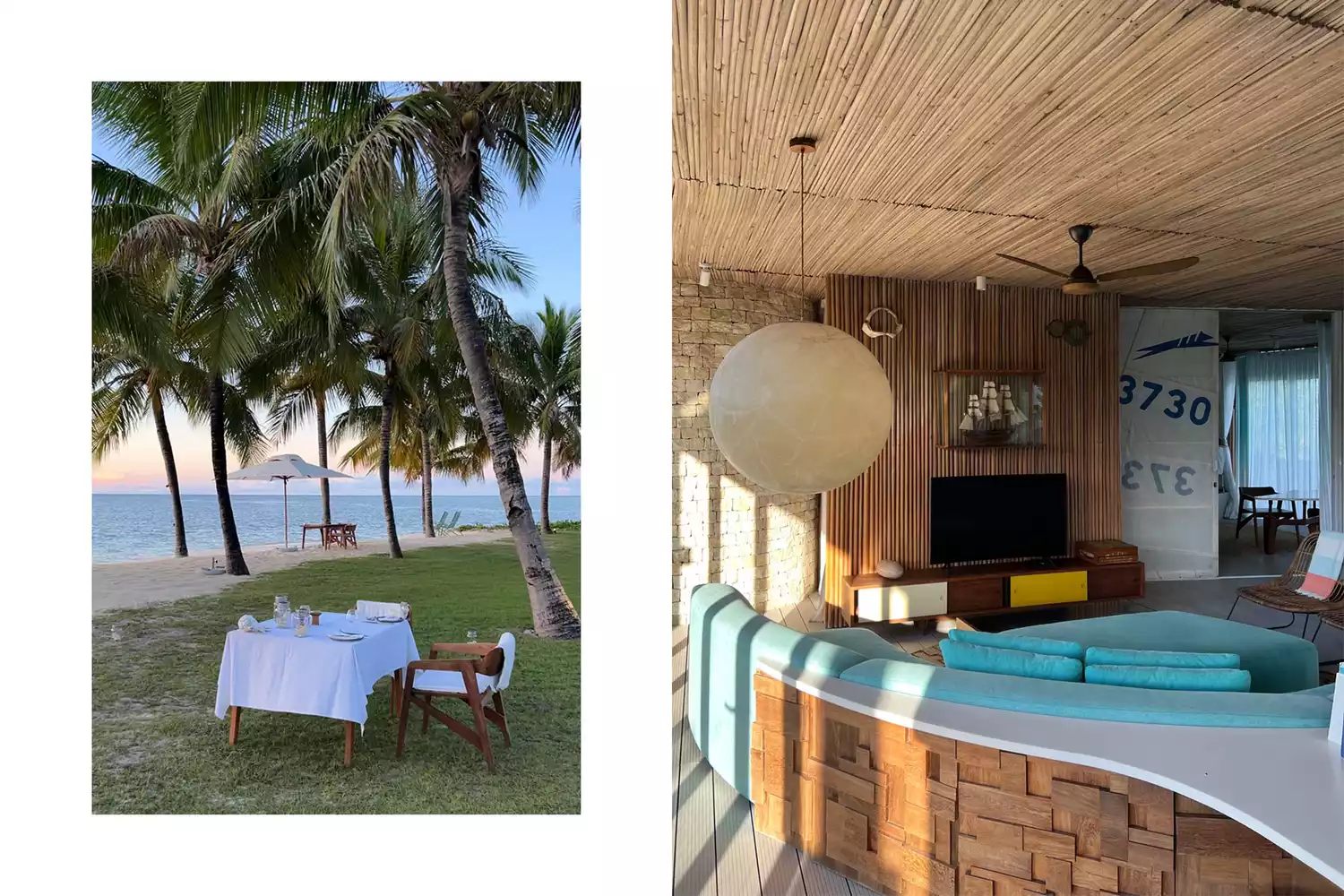 A split view showing a romantic beachside dinner setup and a plush villa interior with modern furniture.