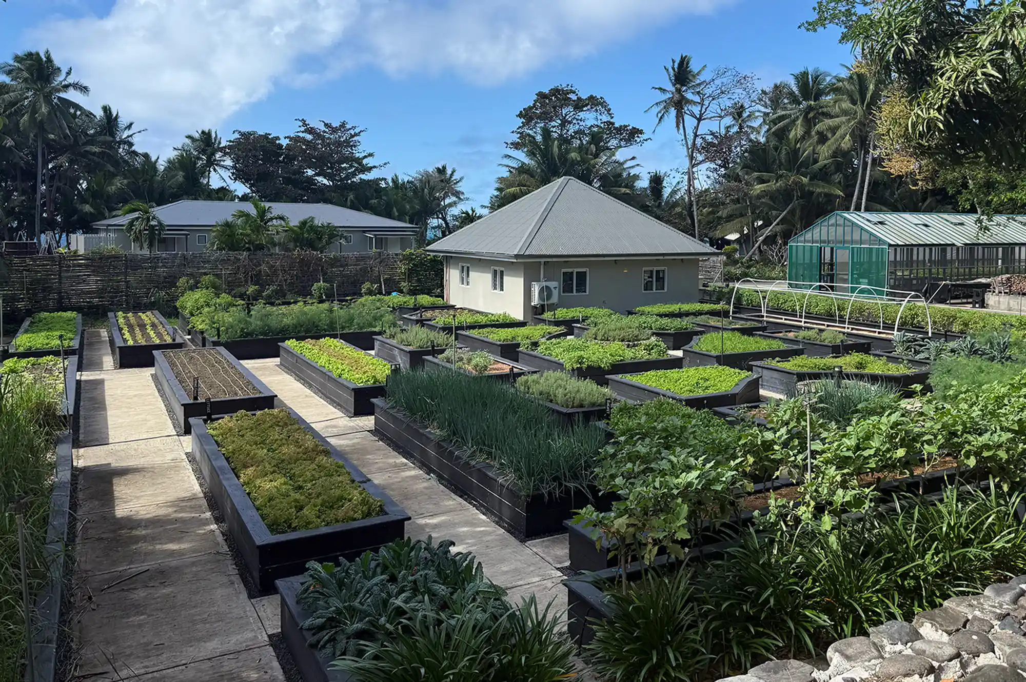 Raised garden beds and greenhouses on a lush, sustainable island farm plot.