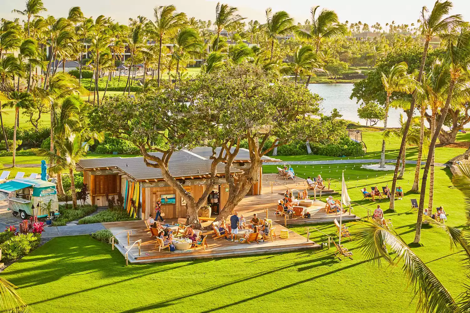 Aerial view of the Mauna Lani resort showing its proximity to the ocean and volcanic rock formations.