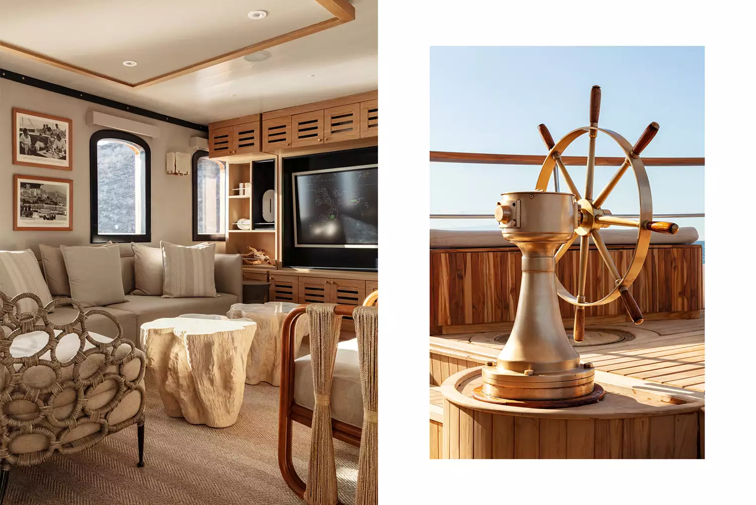 Split image showing a comfortable lounge area on the Grace yacht and the wooden captain's wheel.