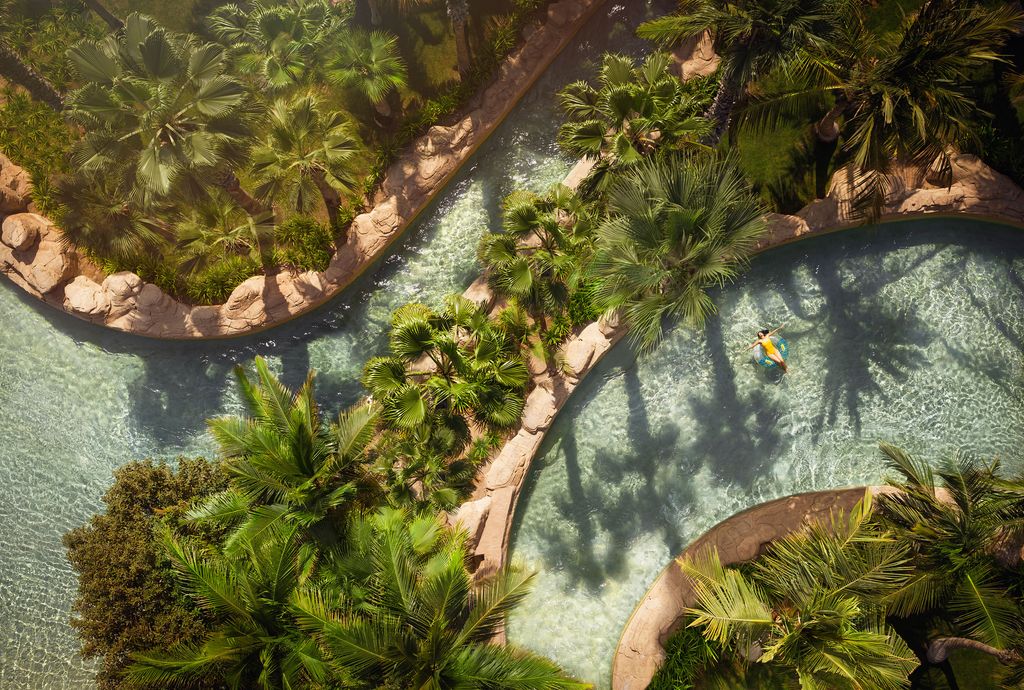 Aerial view of the massive Atlantis The Palm resort and its water park on the shore of Dubai.