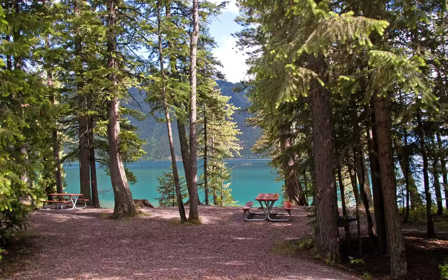 Wooden picnic tables on a grassy shore next to a clear mountain lake in Glacier National Park.
