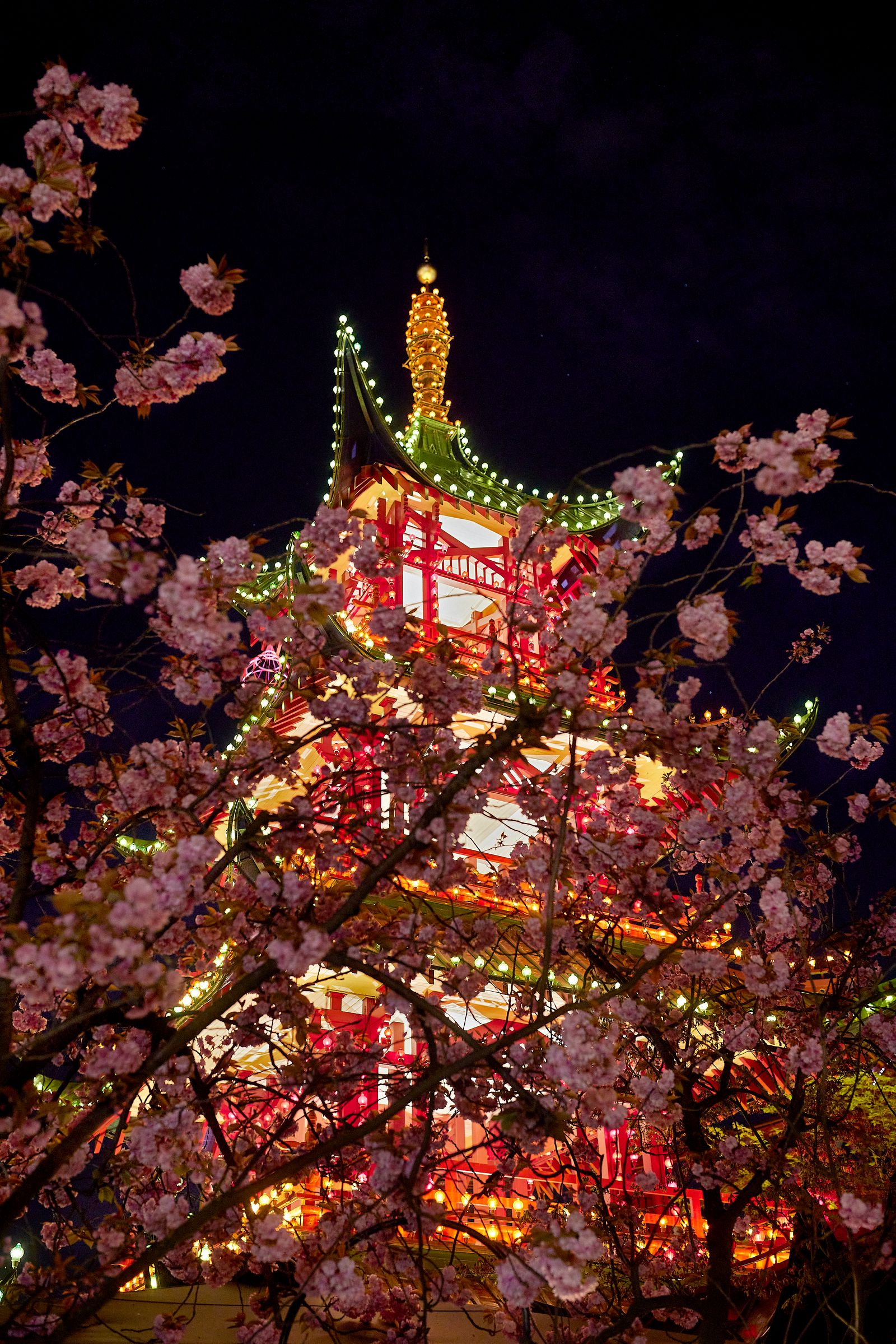 Traditional Pagoda architecture illuminated with decorative lighting within Tivoli Gardens.