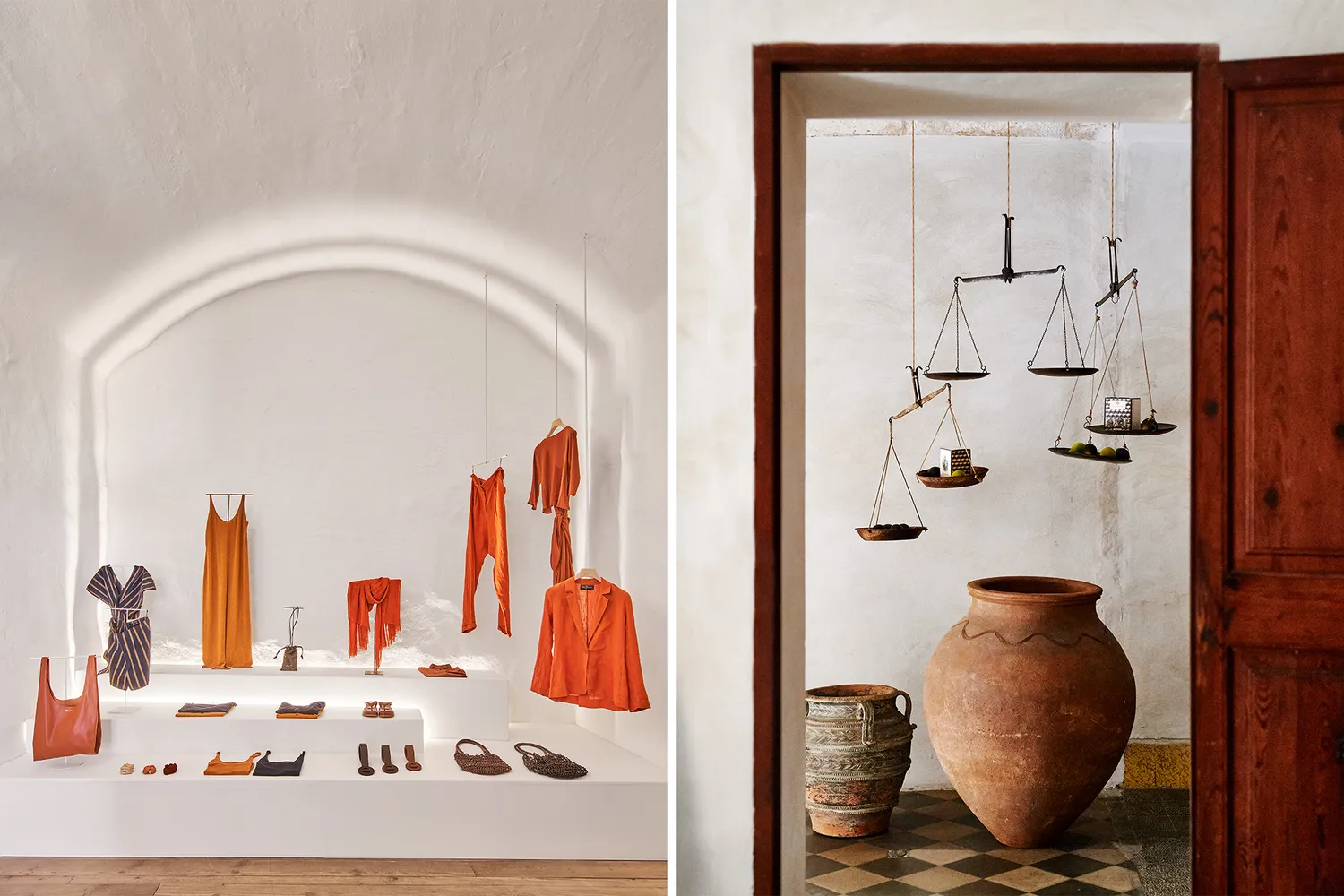 Two photos featuring the interior of the Cortana fashion boutique and the vintage-inspired display at Arquinesia perfumery.