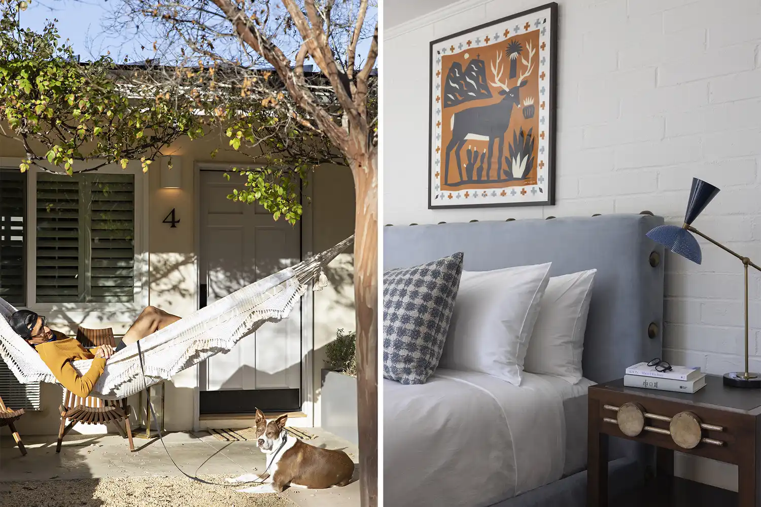 Two images: a person relaxing in a hammock outside a room and a close-up of a boutique hotel bed with retro accents.
