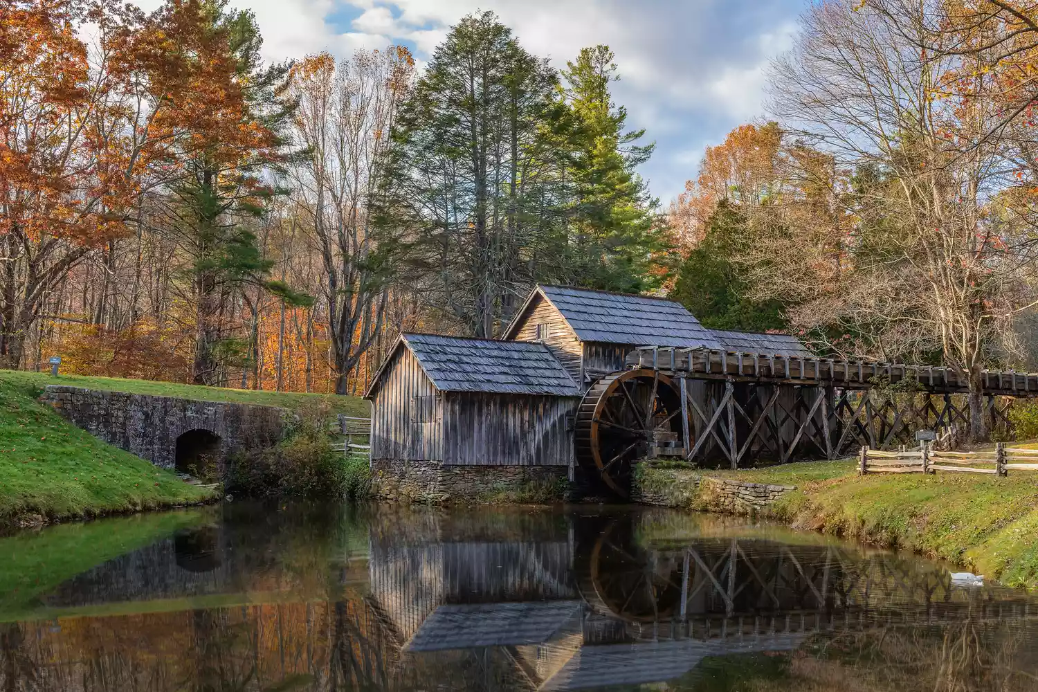 The iconic Mabry Mill, a historic wooden watermill located on the Blue Ridge Parkway.