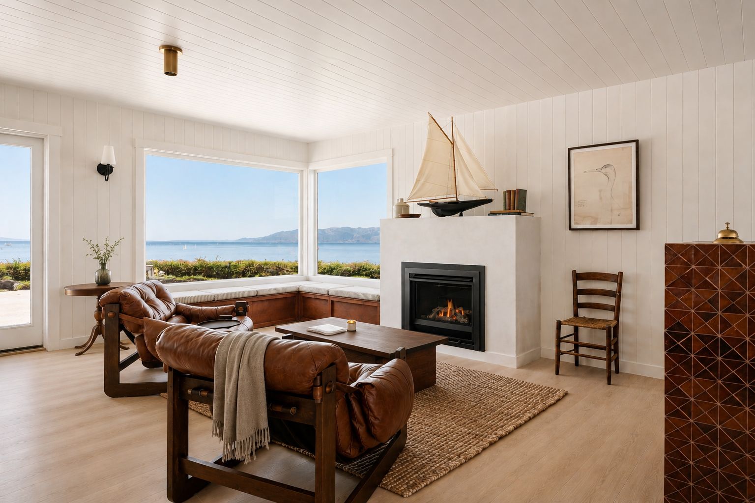 Modern luxury hotel lounge featuring a designer fireplace and plush contemporary seating.