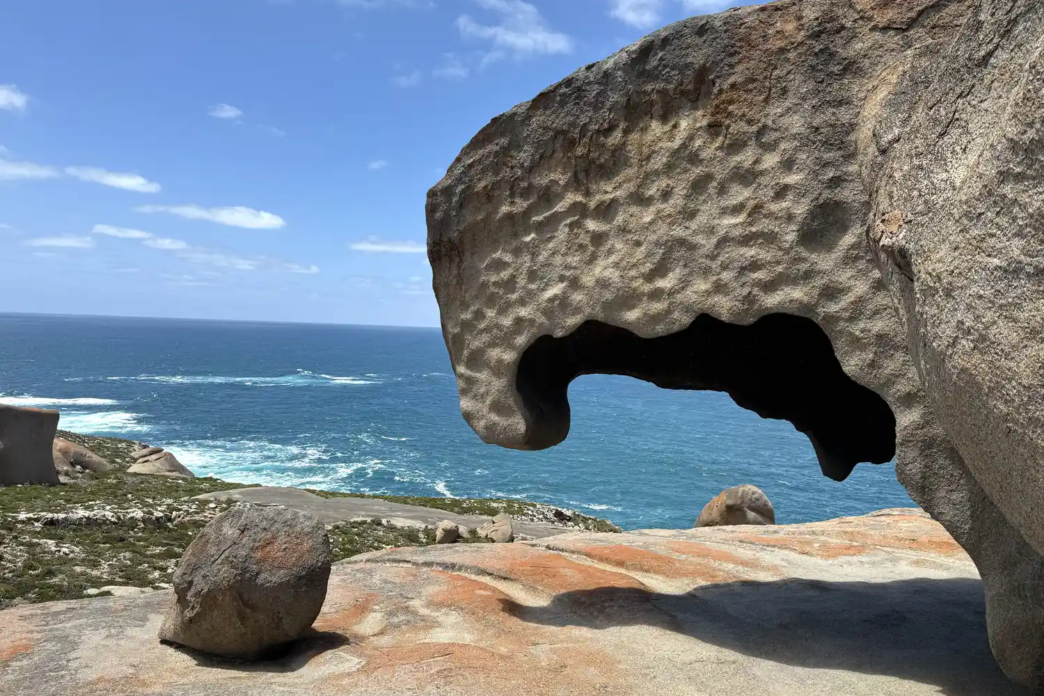 A view of the Remarkable Rocks, large natural granite formations on the edge of the ocean at Kangaroo Island.