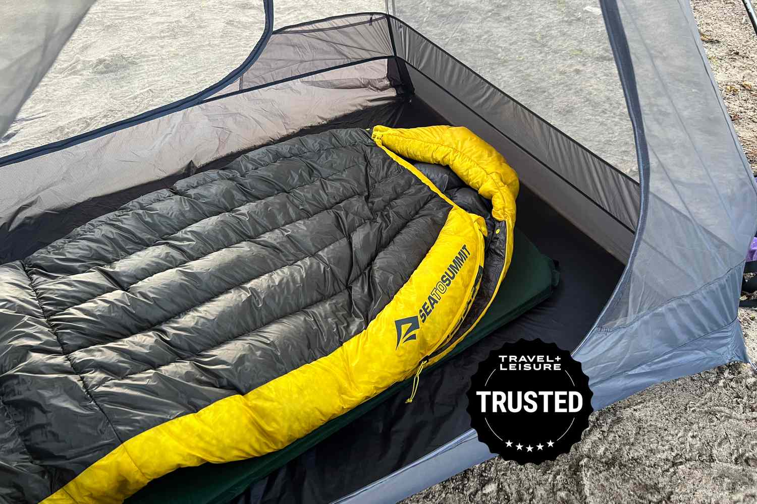 Close-up of a sleeping bag's baffled construction showing significant loft and insulation thickness.