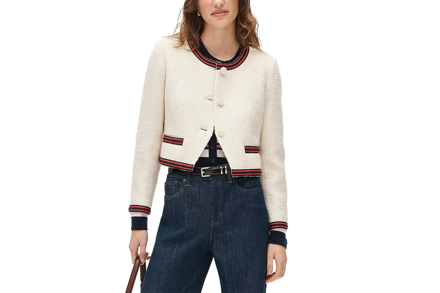 Tweed lady jacket with contrast trim and gold buttons.