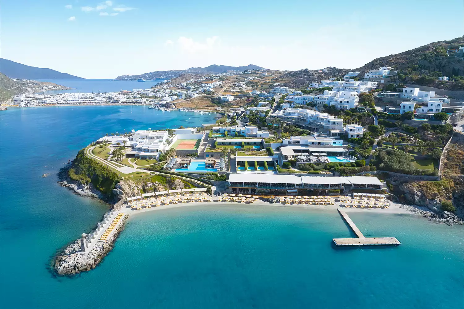 Aerial or wide view of the Santa Marina Resort in Mykonos.