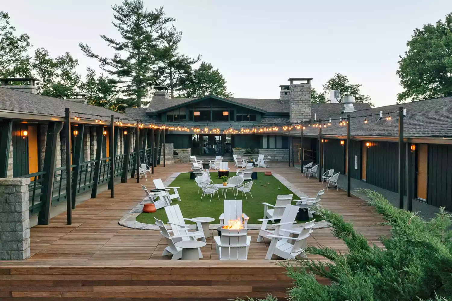 The sprawling green lawn and modernist architecture of Skyline Lodge at over 4,000 feet.