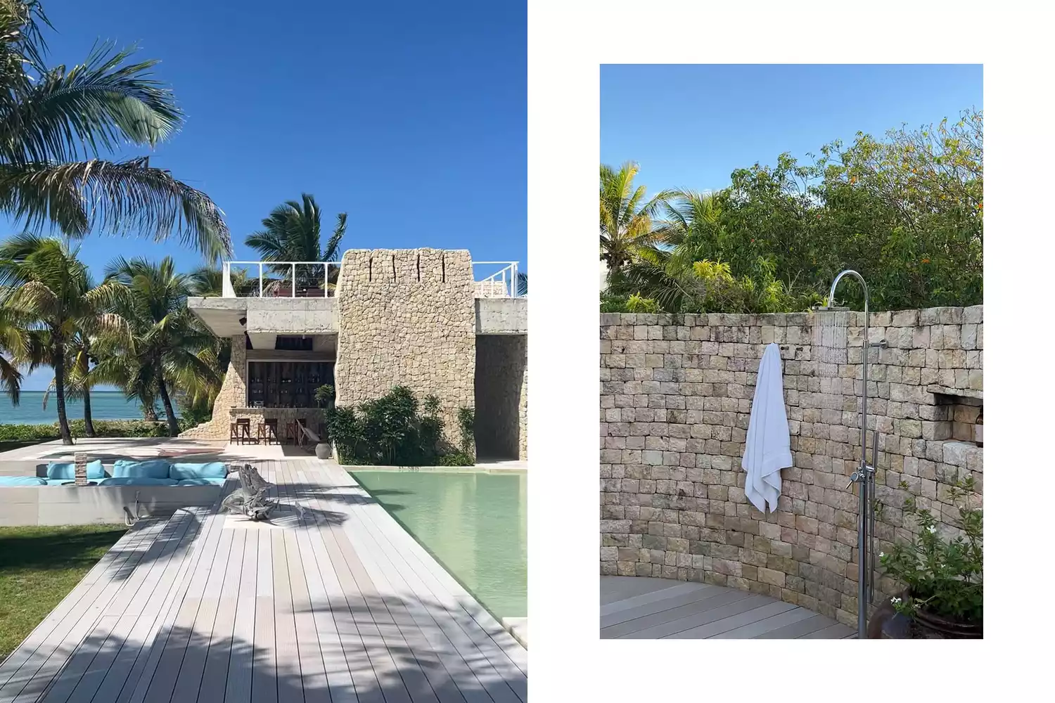 The exterior of a Miavana villa highlighting the stone architecture, private pool, and outdoor shower.