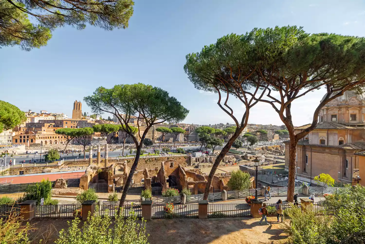 Views of the ancient Roman Forum ruins from the Capitoline Hill in Rome.
