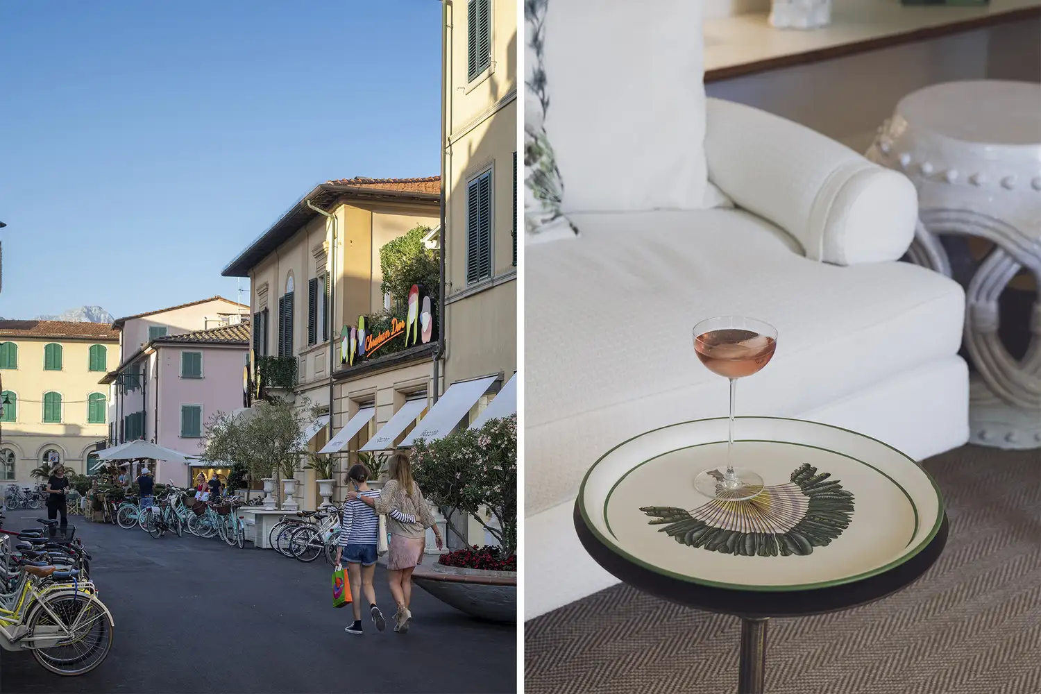 A split image featuring the Fiacchini boutique storefront and a pink gin cocktail.