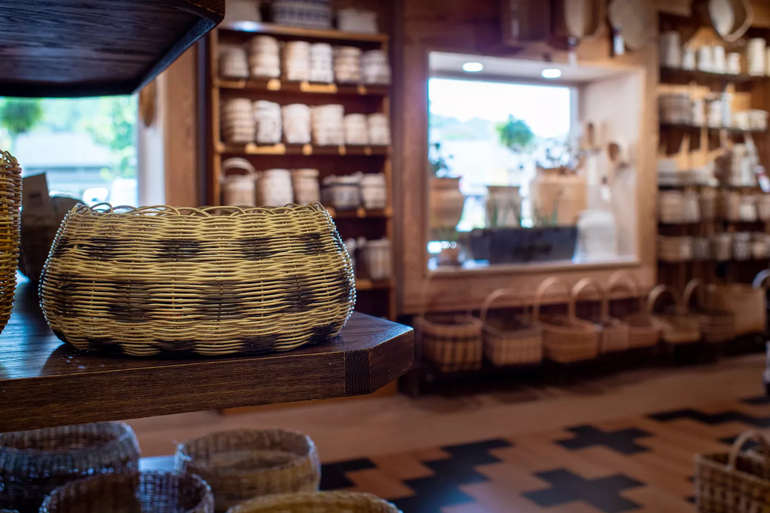 The interior of the Qualla Arts and Crafts Mutual showing authentic Cherokee woven baskets.