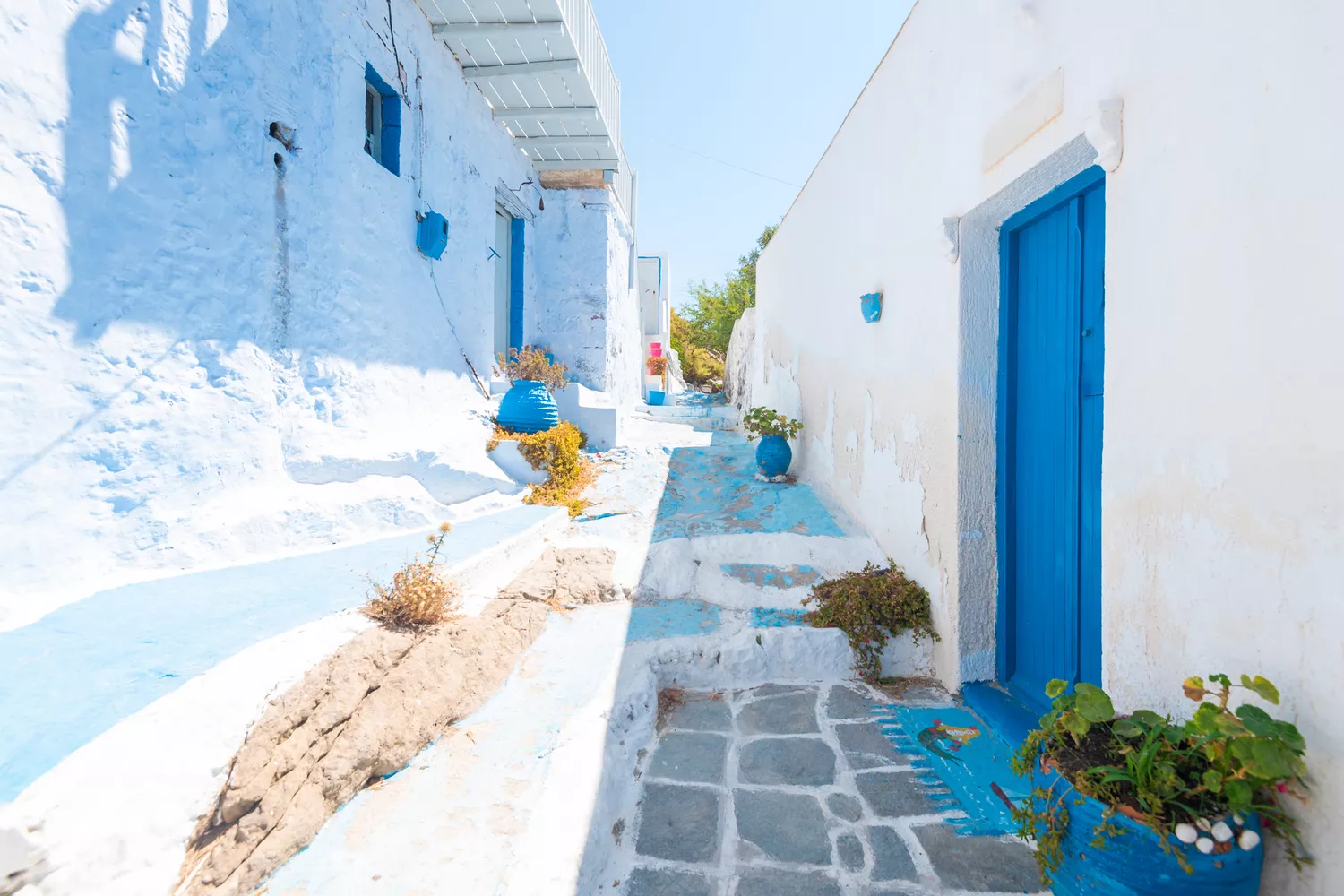 Close-up of traditional blue and white architectural decorations and colors typical of Santorini culture.