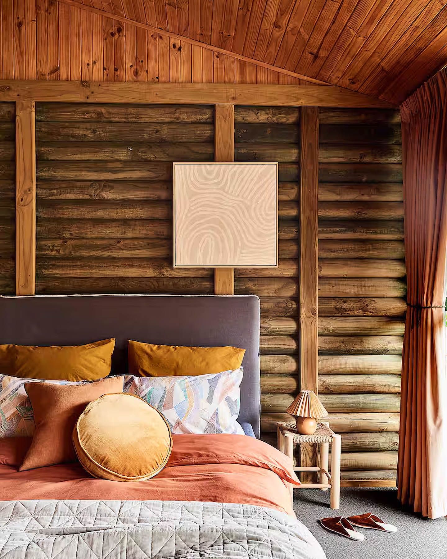 Detailed view of wood panels and soft cushions emphasizing the earthy color palette.